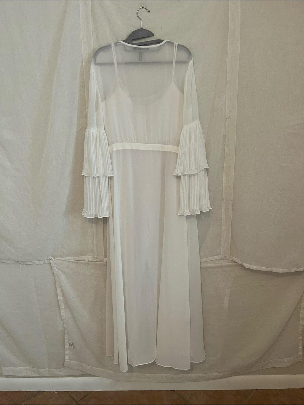 BCBGMaxAzria 2 Piece White Jumpsuit with Sheer Pleated Long Sleeve Cover-Up - Picture 2 of 9